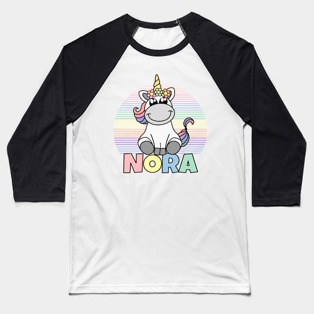 Nora First Name Cute Unicorn Rainbow Baseball T-Shirt by xsylx